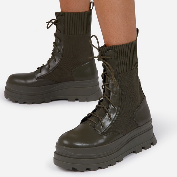 KHAKI KNITTED CHUNKY BIKER BOOT - Picture 2 of 6